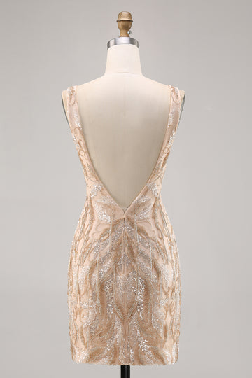 Sparkly Champagne Bodycon Beaded Homecoming Dress with Sequins